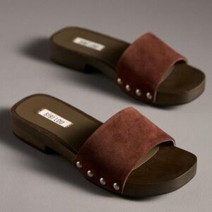 new BIBI LOU Anthropologie Wood-Bottom Suede Mule Slides in Cocoa size 10